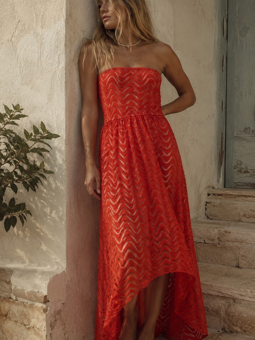 Le Château Strapless High-Low Lace Orange  Dress – XXS🧞